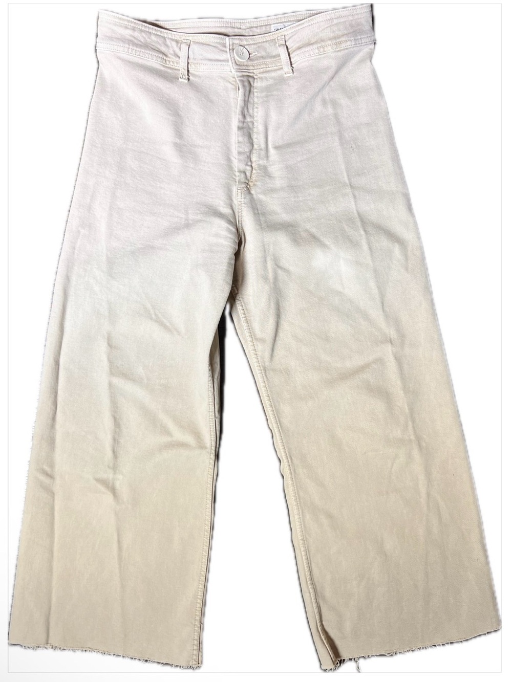 Zara Cream High-Waisted Wide Leg Cropped Jeans Frayed Hem Size 10